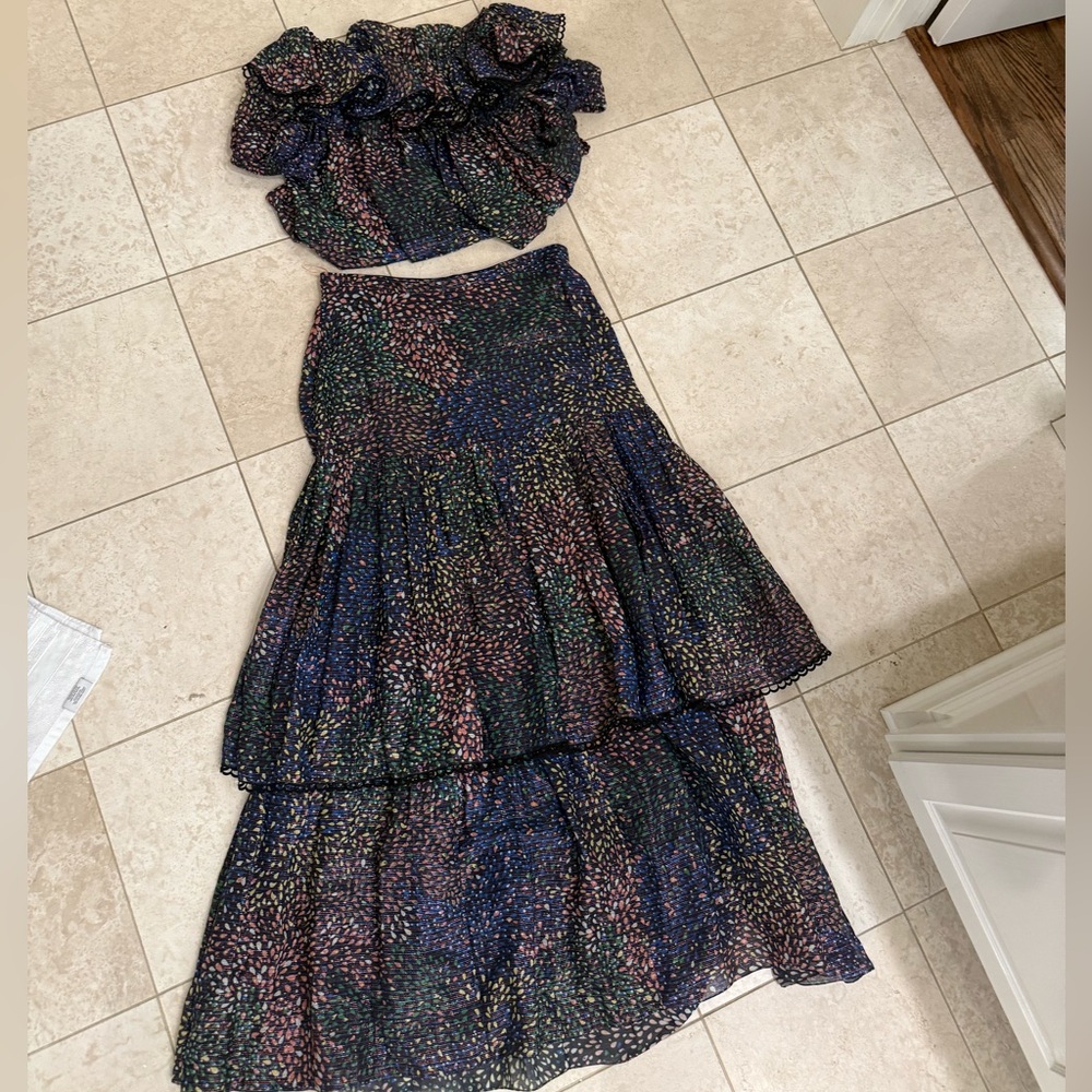 Chloe 2 pc set Elegant Multicolor Skirt and blouse. Beautiful navy, pink green